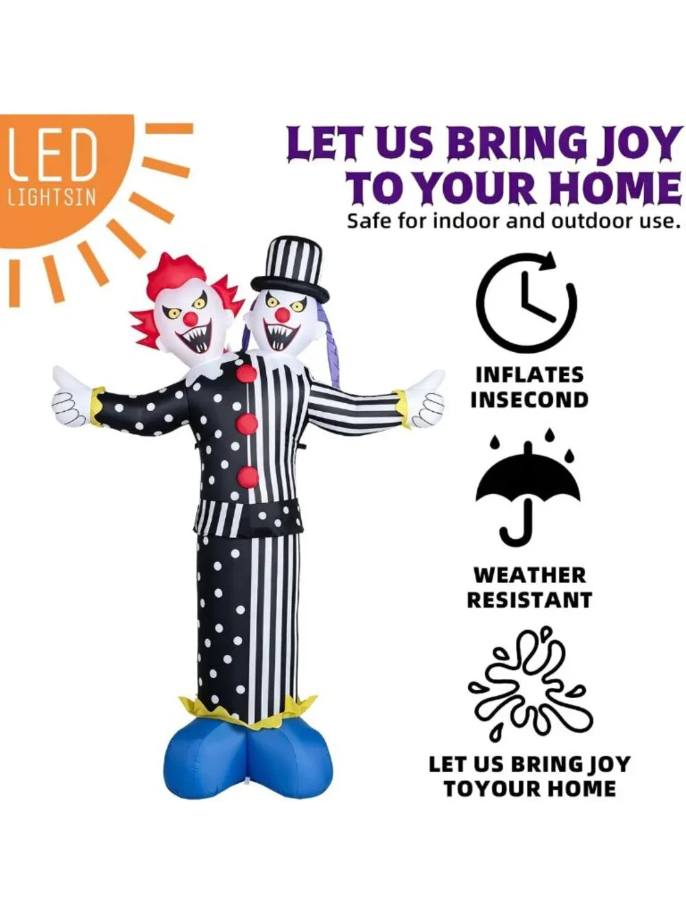 8FT Halloween Inflatable Clown with LED Lights - Outdoor Yard Blow-Up Decor